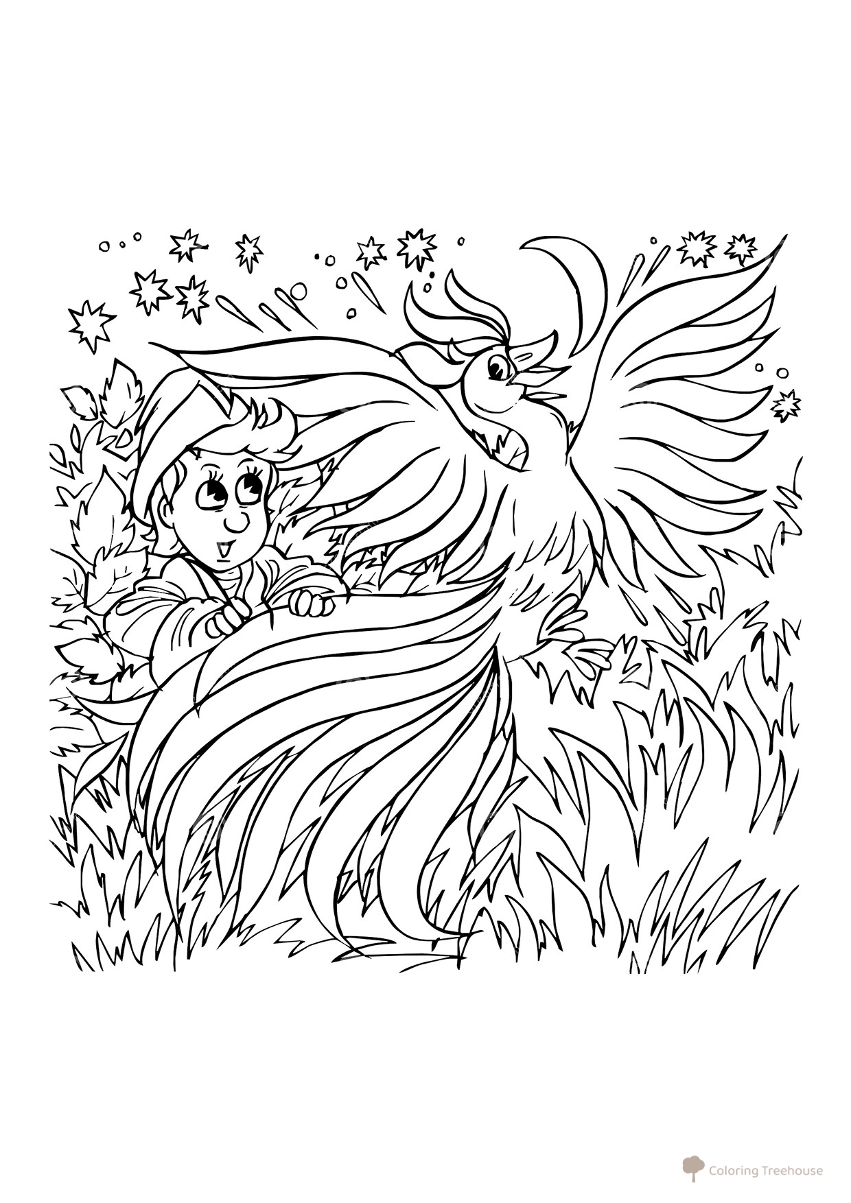 Página para colorear «Iván Tsarevich y el pájaro de fuego» (del cuento El caballito jorobado) dibujo para colorear gratis de Páginas para colorear de cuentos